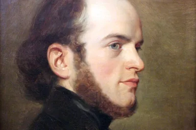 Ein junger Mann mit Backenbart im Profil vor olivgrünem Grund, Portrait Adolph Menzel, Friedrich Eduard Meyerheim, 1839.