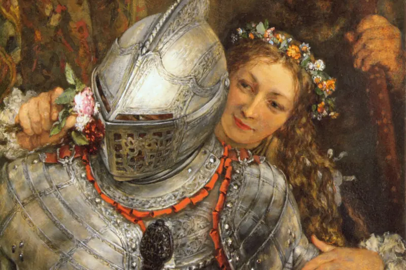 {'de': 'Eine junge Frau mit Blumenkranz im Haar steht neben einer Ritterrüstung mit geschlossenem Helm, Blindekuh, Adolph von Menzel, 1867.'}