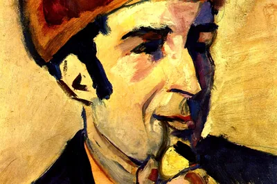 Ein Mann mit braunem Hut raucht eine Pfeife vor gelbem Hintergrund, in breiten Pinselstrichen gemalt, August Macke 037, August Macke, 1910.