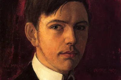 Ein junger Mann mit dunklem Haar, weißem Kragen und dunklem Anzug vor rotbraunem Grund, August Macke 042, August Macke, 1906.
