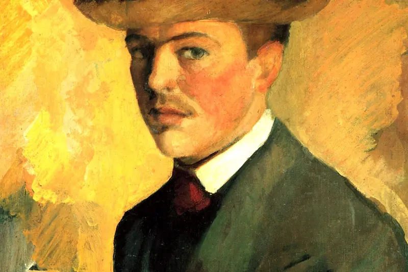 {'de': 'Ein Mann mit hellem Hut, Schnurrbart und grünem Mantel vor gelbem Hintergrund, August Macke 043, August Macke, 1909.'}