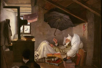 Ein Mann mit Zipfelmütze liegt zwischen Büchern in einer Dachkammer, über ihm ein Regenschirm, Der arme Poet, Carl Spitzweg, 1839.