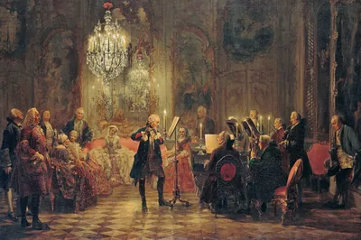 Ein Mann spielt Flöte in einem Saal unter einem Kronleuchter, Musiker und Gäste hören zu, Flötenkonzert in Sanssouci, Adolph von Menzel, 1850.