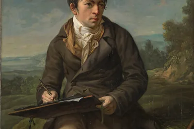 Ein junger Mann sitzt mit Zeichenbrett und Stift in einer weiten Landschaft, Porträt des Landschaftsmalers Carl Anton Graff, Anton Graff, 1809.