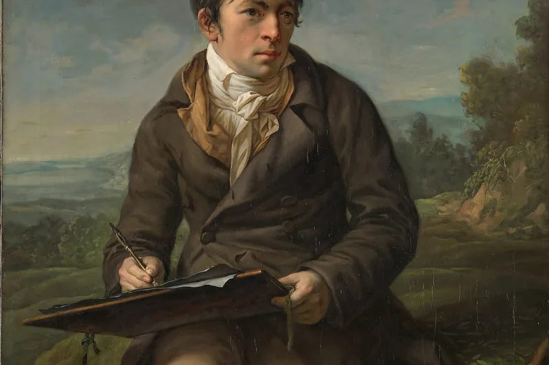 {'de': 'Ein junger Mann sitzt mit Zeichenbrett und Stift in einer weiten Landschaft, Porträt des Landschaftsmalers Carl Anton Graff, Anton Graff, 1809.'}