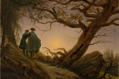 Zwei Männer in Mänteln blicken von einem Weg zur Mondsichel, neben ihnen eine knorrige Eiche, Two Men Contemplating the Moon, Friedrich, 1825.