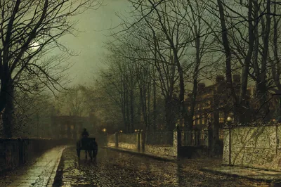 A horse and cart on a wet road under bare trees beside a stone wall at night, A Wet Moon, Putney Road, John Atkinson Grimshaw, 1886.