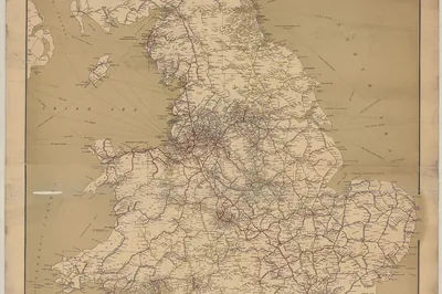 A dense web of railway lines drawn across the outline of England and Wales, Airey Railway Map England & Wales, John Airey, 1881.