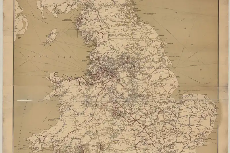 {'en': 'A dense web of railway lines drawn across the outline of England and Wales, Airey Railway Map England & Wales, John Airey, 1881.'}