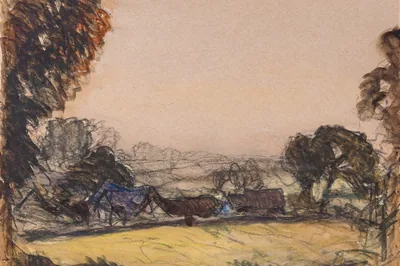 A pastel sketch of farm buildings between autumn trees above a pale yellow field, Autumn landscape, George Clausen, 1920.