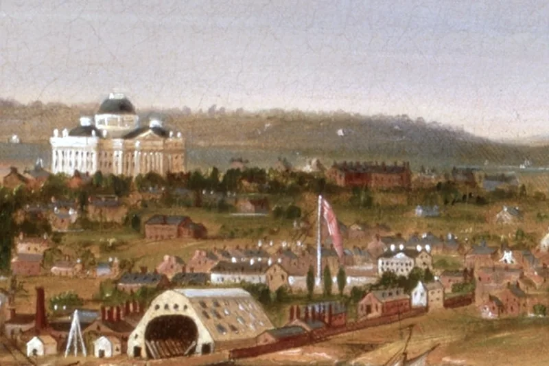 {'en': 'A white domed capitol on a rise above a town of small houses and a wide river, Capitol Hill, George Cooke, 1833.'}