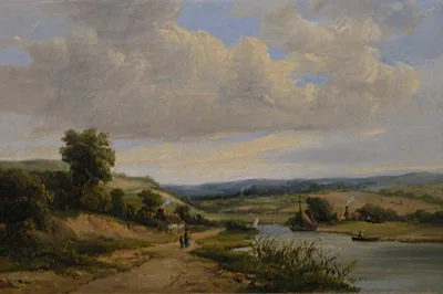 Two figures on a sandy path above a wide river with sailing boats and low hills, Constable, John Constable, 1850.