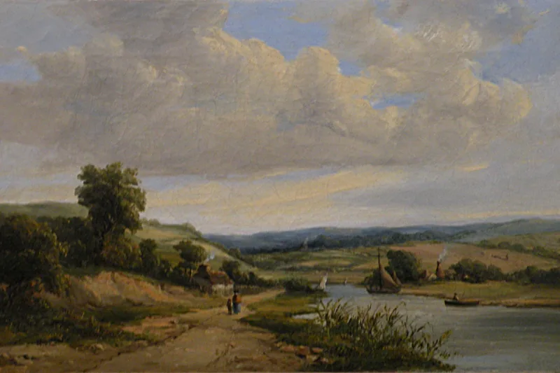 {'en': 'Two figures on a sandy path above a wide river with sailing boats and low hills, Constable, John Constable, 1850.'}