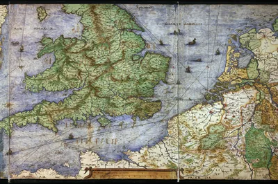 A hand coloured map of green England and Wales facing the coast of the Low Countries, England and the Low Countries, Christian Sgrooten, 1550.