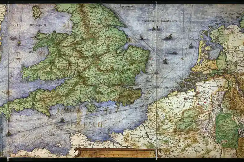 {'en': 'A hand coloured map of green England and Wales facing the coast of the Low Countries, England and the Low Countries, Christian Sgrooten, 1550.'}