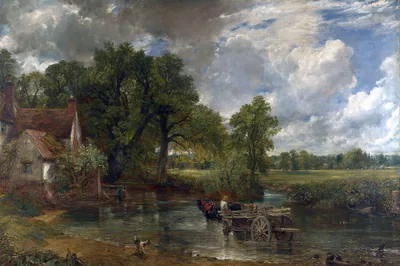 A horse drawn wagon stands in a shallow river beside a cottage and tall elms, John Constable The Hay Wain, John Constable, 1821.