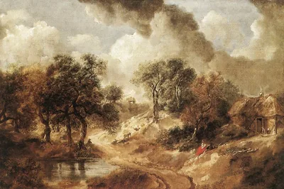 A sandy track winds past oak trees, a pool and a thatched cottage under piled clouds, Landscape in Suffolk, Thomas Gainsborough, 1747.
