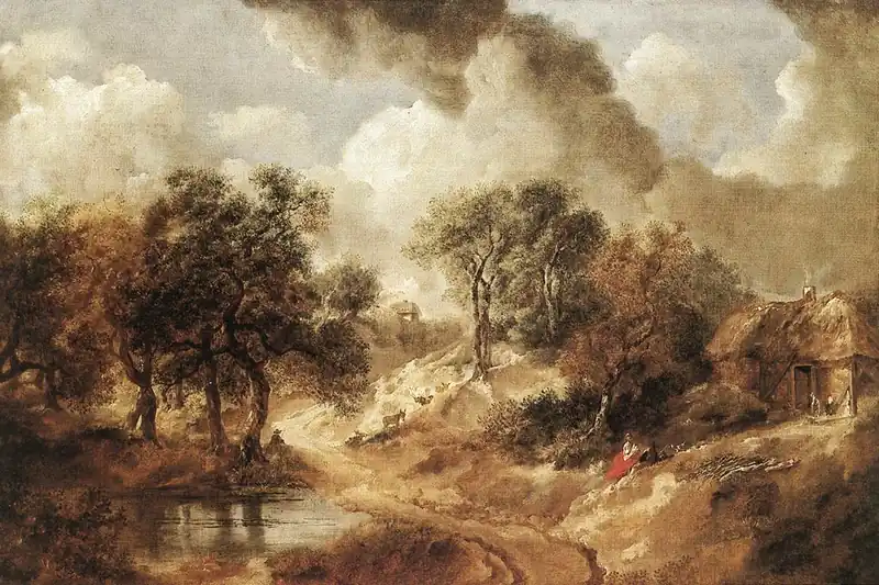 {'en': 'A sandy track winds past oak trees, a pool and a thatched cottage under piled clouds, Landscape in Suffolk, Thomas Gainsborough, 1747.'}