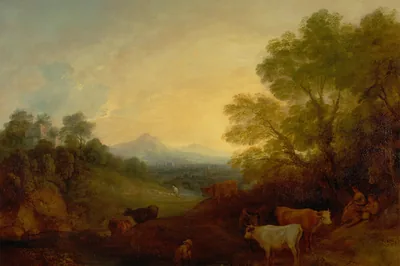 Cattle stand at a stream among trees, with a valley and distant hills in warm evening light, Landscape with Cattle, Thomas Gainsborough, 1773.