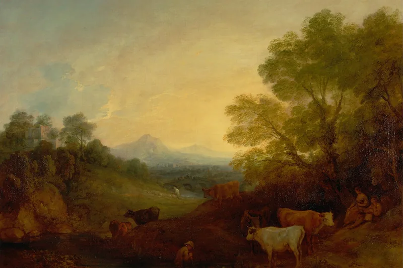 {'en': 'Cattle stand at a stream among trees, with a valley and distant hills in warm evening light, Landscape with Cattle, Thomas Gainsborough, 1773.'}