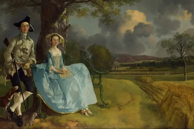 A woman in a blue dress sits on a bench beside a standing man under an oak, with a wheat field behind, Mr and Mrs Andrews, Thomas Gainsborough, 1748.