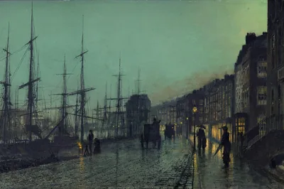 Tall masted ships along a wet quay lit by street lamps under a pale green sky, Shipping on the Clyde, John Atkinson Grimshaw, 1881.