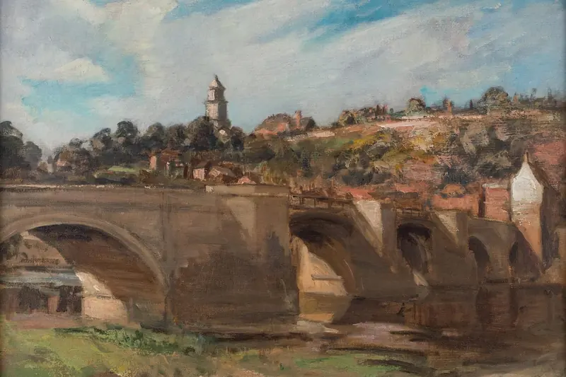 {'en': 'A stone arch bridge over a river below a hillside town with a church tower, The Bridge, Bridgnorth, Philip Wilson Steer, 1901.'}