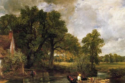 A close view of the wagon in the river, with the cottage on the left and elms above, The Hay-Wain (detail), John Constable, 1821.
