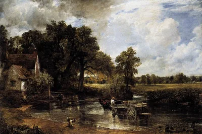 A hay wagon with two horses crosses a shallow river by a cottage under bright clouds, The Hay-Wain, John Constable, 1821.