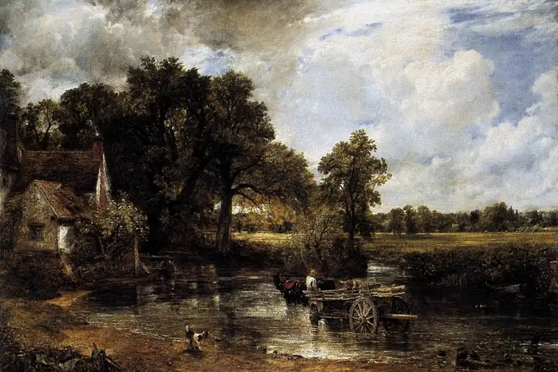{'en': 'A hay wagon with two horses crosses a shallow river by a cottage under bright clouds, The Hay-Wain, John Constable, 1821.'}