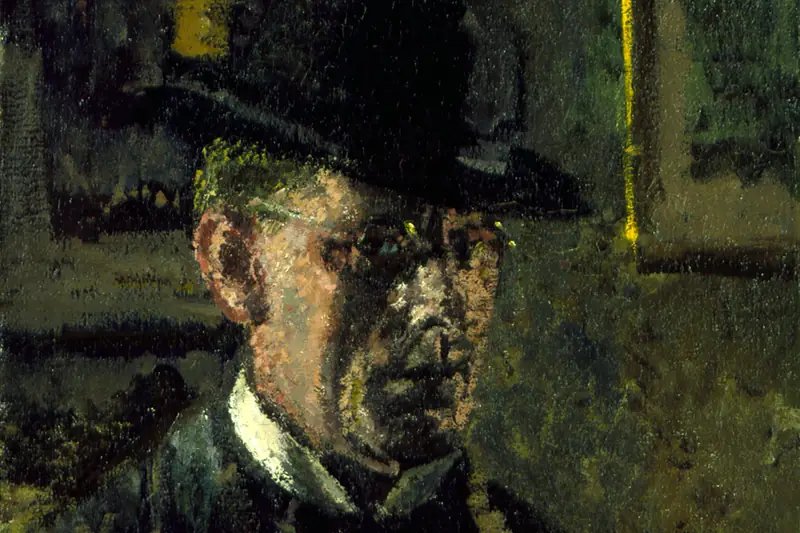 {'en': 'A man in a dark broad hat and jacket painted in thick strokes against a shadowed wall, The Juvenile Lead, Walter Sickert, 1908.'}
