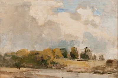 An oil sketch of a low riverbank with yellow trees, a small house and tall white clouds, Wilson-Steer-98436-copy, Philip Wilson Steer, 1943.