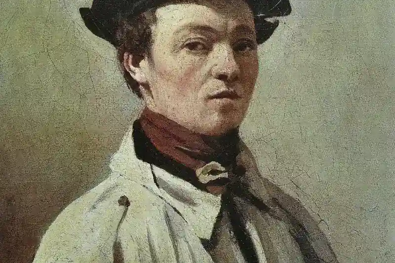 {'fr': 'Homme au chapeau sombre, veste claire et foulard roux, tourné vers le spectateur, autoportrait, Jean-Baptiste Camille Corot, 1835.'}