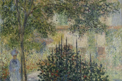 Femme en robe bleue et chapeau dans un jardin d'été aux massifs fleuris, Camille Monet in the Garden at Argenteuil, Claude Monet, 1876.