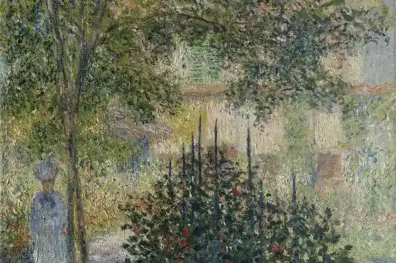 {'fr': "Femme en robe bleue et chapeau dans un jardin d'été aux massifs fleuris, Camille Monet in the Garden at Argenteuil, Claude Monet, 1876."}