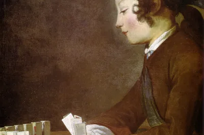 Jeune garçon en habit brun penché sur des cartes à jouer posées au bord d'une table, Boy Playing with Cards, Jean-Baptiste-Siméon Chardin, 1740.