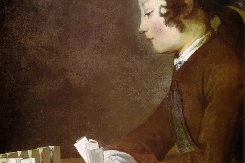 {'fr': "Jeune garçon en habit brun penché sur des cartes à jouer posées au bord d'une table, Boy Playing with Cards, Jean-Baptiste-Siméon Chardin, 1740."}