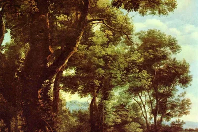 Lisière de forêt aux grands chênes feuillus ouvrant sur des montagnes bleues et un ciel clair, Claude Lorrain 022, Claude Lorrain, 1637.