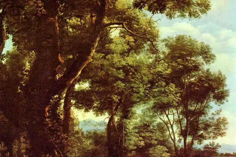 {'fr': 'Lisière de forêt aux grands chênes feuillus ouvrant sur des montagnes bleues et un ciel clair, Claude Lorrain 022, Claude Lorrain, 1637.'}