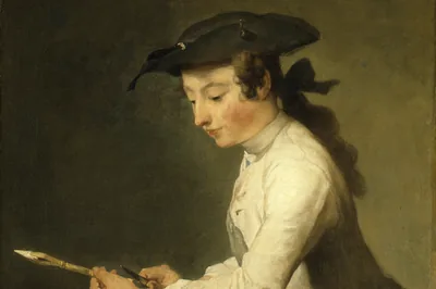Jeune garçon en tricorne taillant un crayon rouge, penché sur ses mains, tableau de Jean-Baptiste-Siméon Chardin, 1737.