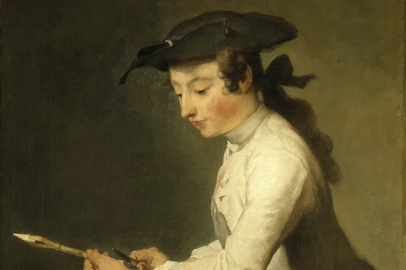 {'fr': 'Jeune garçon en tricorne taillant un crayon rouge, penché sur ses mains, tableau de Jean-Baptiste-Siméon Chardin, 1737.'}