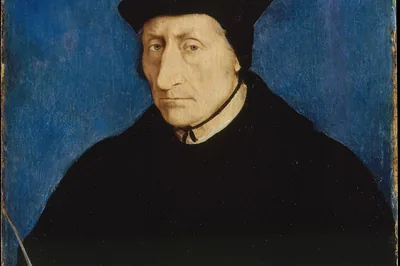Homme d'âge mûr en toque et robe noires, de trois quarts sur un fond bleu uni, Guillaume Budé, Jean Clouet, 1536.
