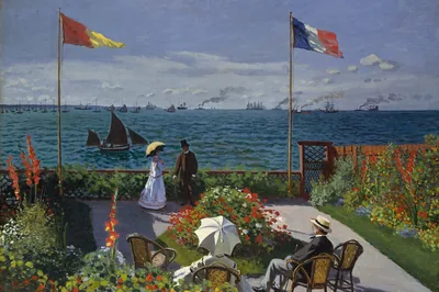Terrasse fleurie au bord de la mer avec deux drapeaux, un couple à la balustrade et des voiliers, Jardin à Sainte-Adresse, Claude Monet, 1866.