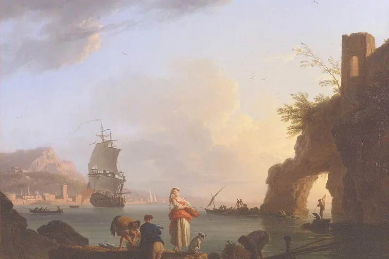 {'fr': "Baie calme au soleil couchant, un voilier à l'ancre, une arche rocheuse et des pêcheurs sur la grève, La pêche heureuse, Joseph Vernet, 1758."}