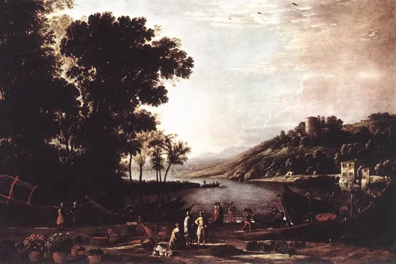 {'fr': "Personnages portant des ballots au bord d'un fleuve, barques sur l'eau et château sur la colline, Landscape with Merchants, Claude Lorrain, 1630."}