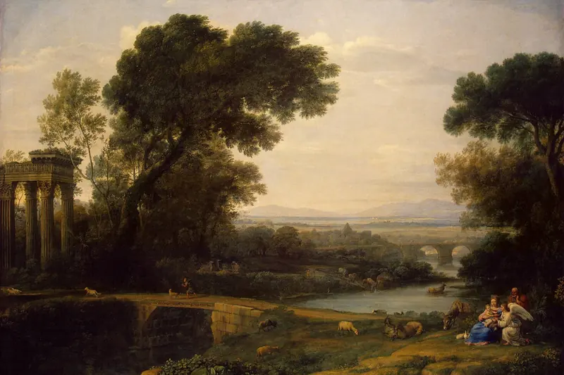{'fr': 'Vallée boisée avec un temple en ruine, une rivière et des moutons qui paissent, Landscape with the Rest on the Flight into Egypt, Claude Lorrain, 1666.'}