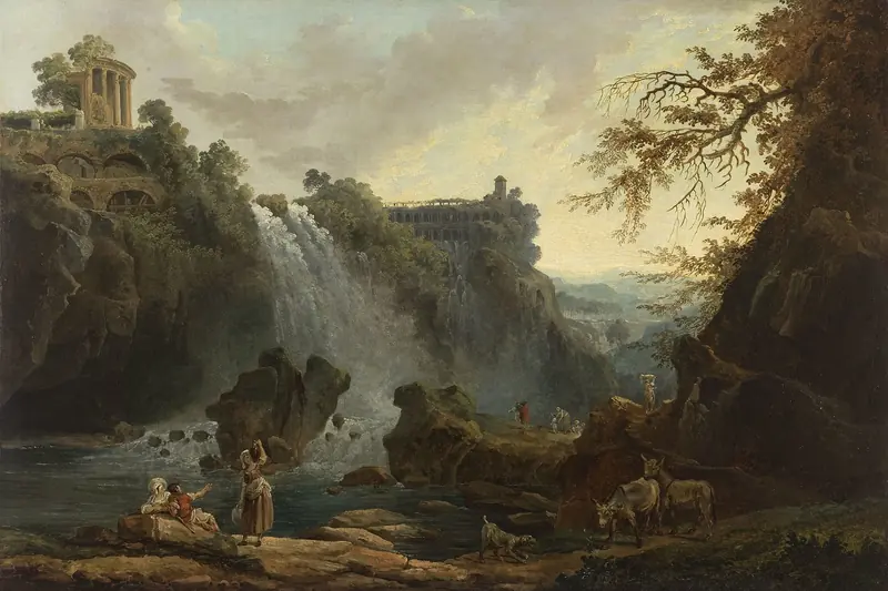 {'fr': "Cascades tombant d'une gorge rocheuse sous un temple antique, chèvres et personnages au bord de l'eau, Les Cascatelles de Tivoli, Hubert Robert, 1768."}