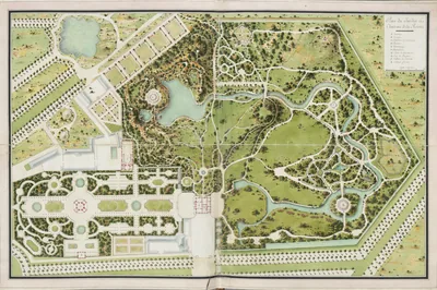 Plan aquarellé d'un parc avec bassins, allées sinueuses et parterres réguliers, Plan du jardin et château de la Reine, Claude-Louis Châtelet, 1770.