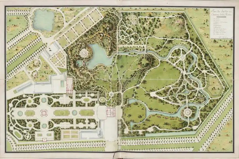 {'fr': "Plan aquarellé d'un parc avec bassins, allées sinueuses et parterres réguliers, Plan du jardin et château de la Reine, Claude-Louis Châtelet, 1770."}