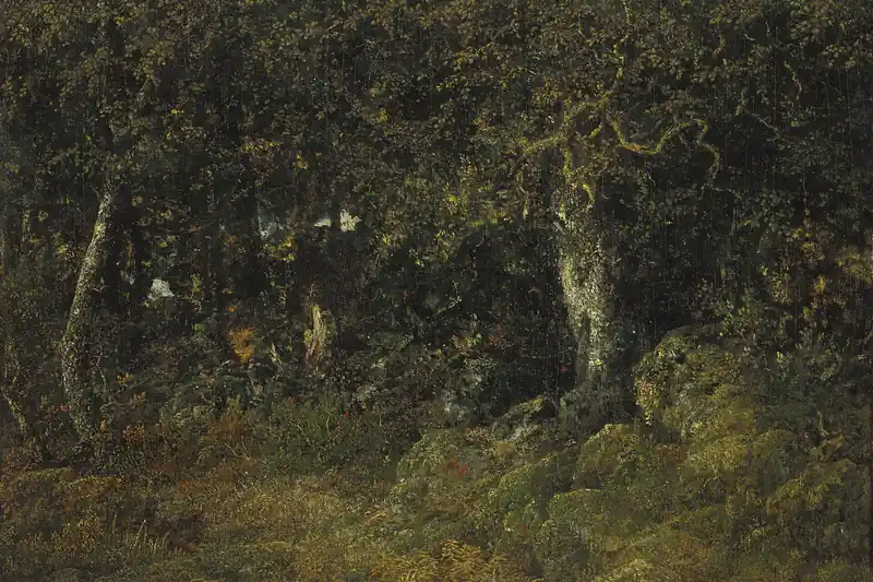 {'fr': 'Chêne noueux dressé dans un sous-bois sombre parsemé de rochers moussus, Le chêne de roche, Théodore Rousseau, 1860.'}